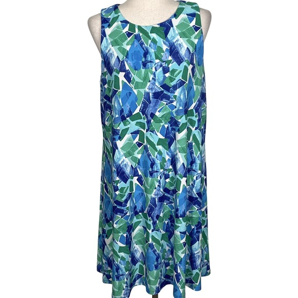Lauren Ralph Lauren Dress Women 14 Blue Green Geometric Casual Summer Liquid‎ - Picture 1 of 10